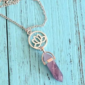 NEW Silver Lotus & Purple Quartz Pendant Necklace
